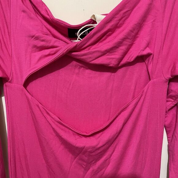 SER•O•YA Hot Pink Irene Dress Long Sleeve Cut Out Midi Length Size Medium NWT - Picture 2 of 6